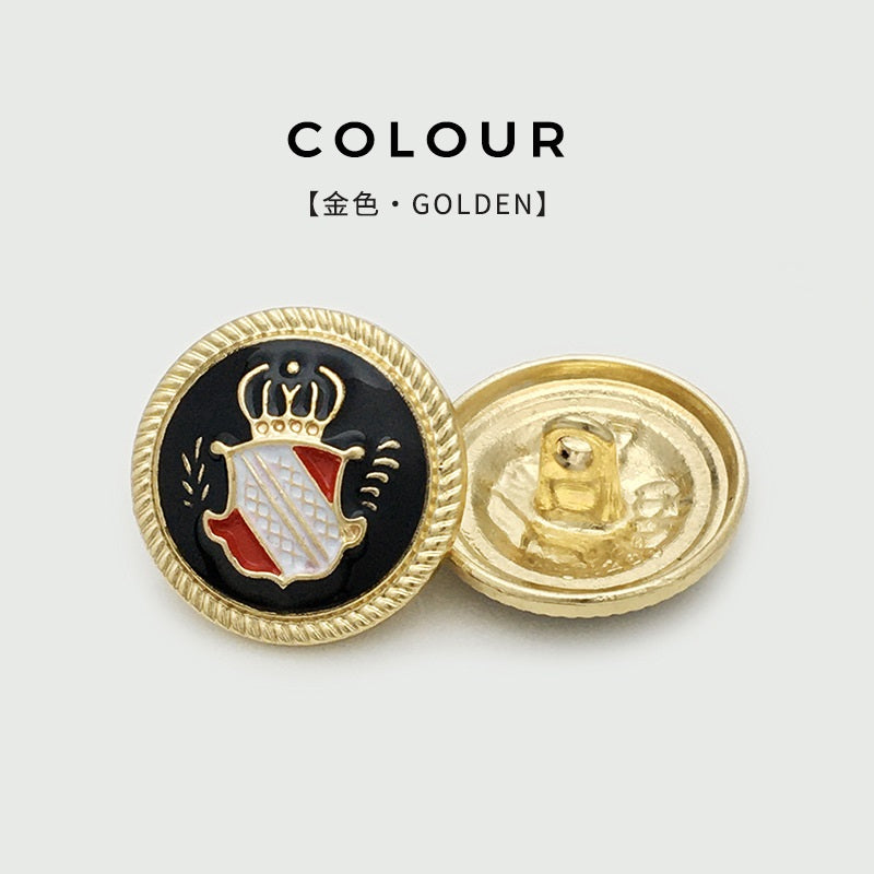 Gold-color crown crest round button with shank; front badge and back plate shown