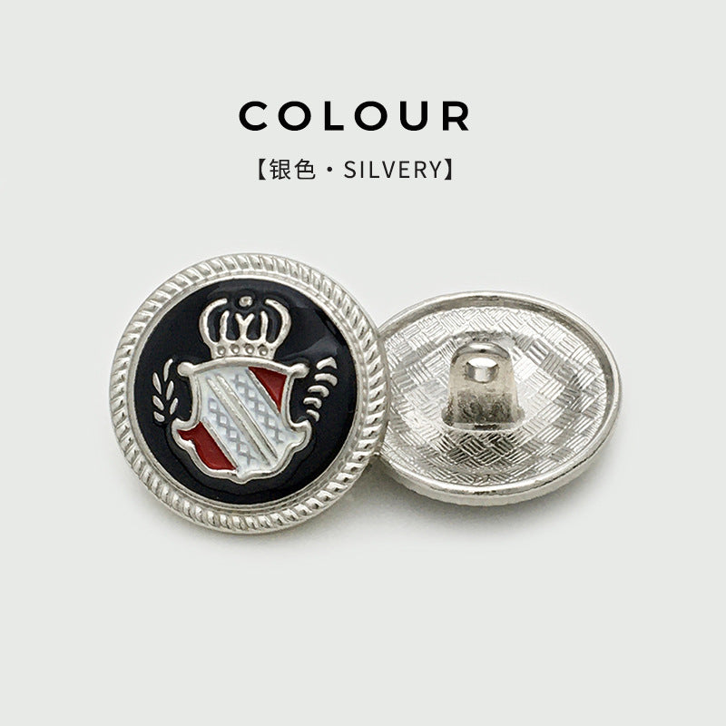 Silver-color crown crest round button with shank; front badge and back plate shown