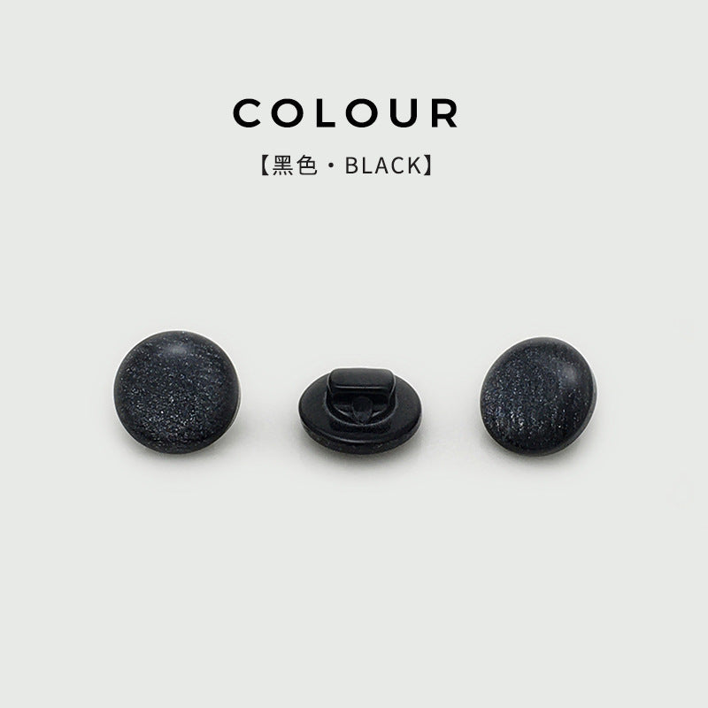 11mm round pearlized resin shirt button, black, front and shank back