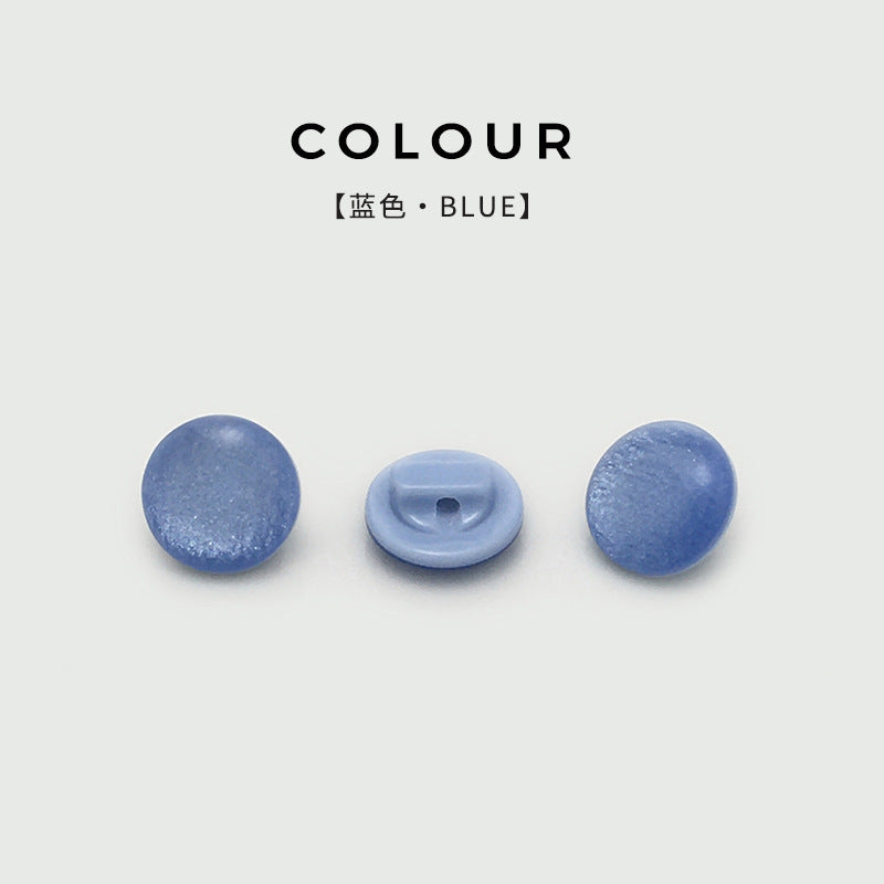 11mm round pearlized resin shirt button, blue, front and shank back