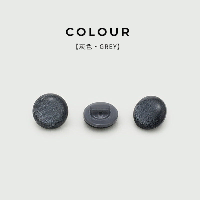 11mm round pearlized resin shirt button, grey, front and shank back