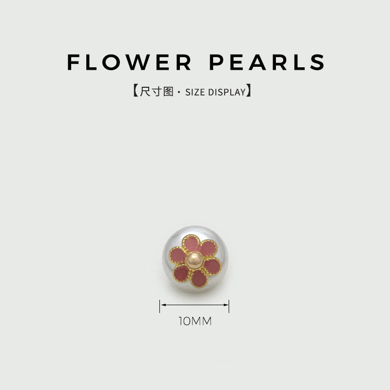 10mm round floral pearl frog button with pink flower enamel detail