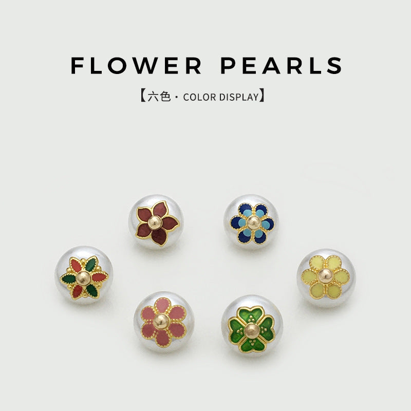 Six flower pearl frog buttons with round frames in red, green, blue, pink, yellow