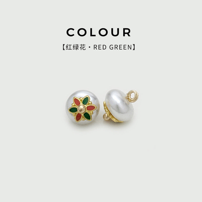 Red and green flower pearl frog button, front and back view