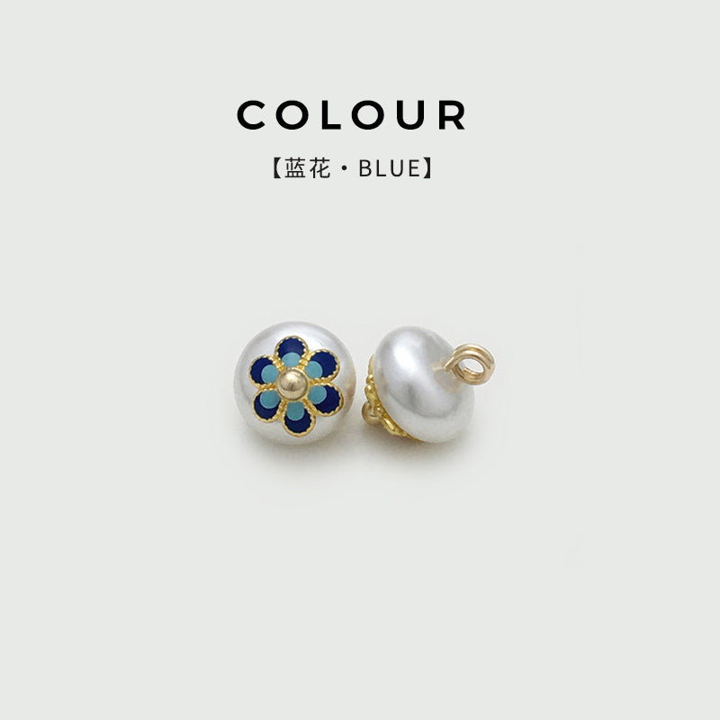 Blue flower pearl frog button, round front with rear shank showing
