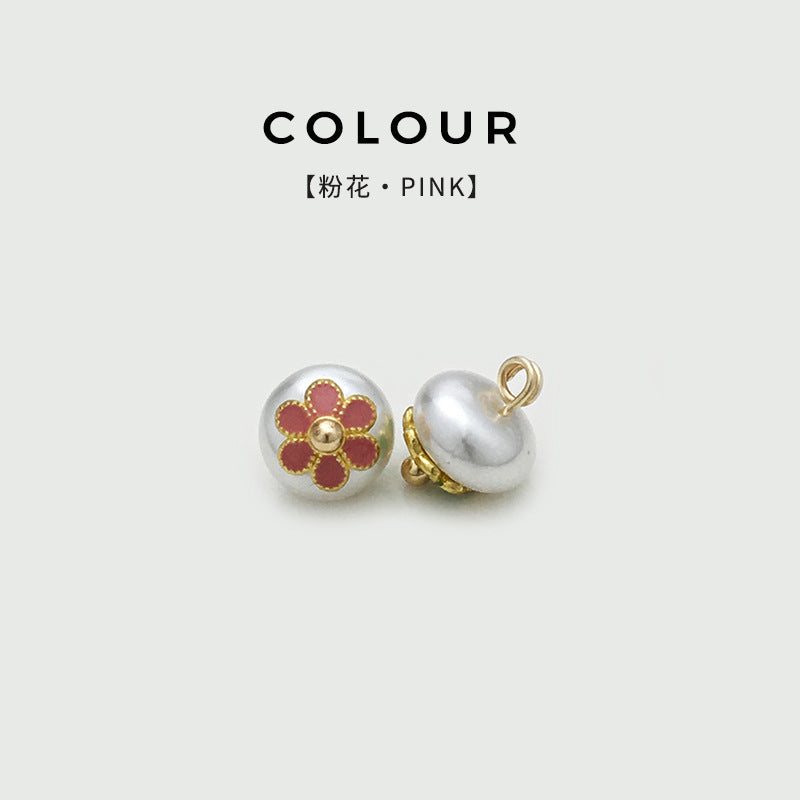 Pink flower pearl frog button with gold-tone rim, front and back