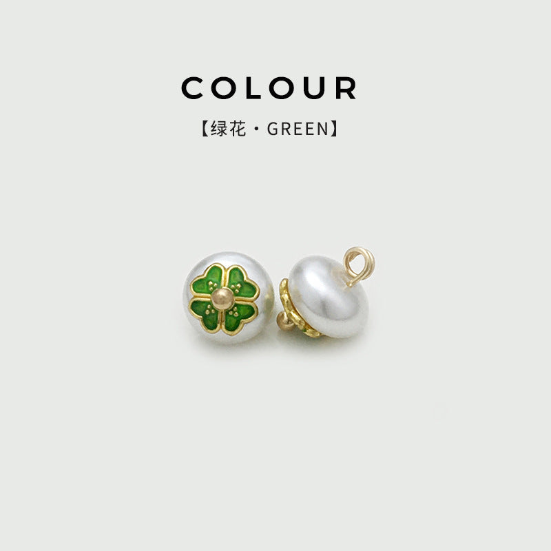 Green flower pearl frog button, round front and rear shank view