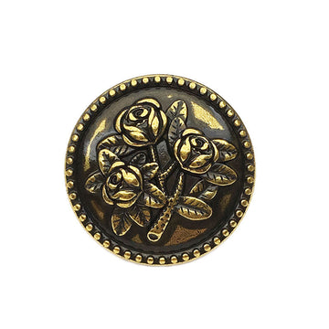 Vintage round rose metal button, black bronze with gold rose relief, front view