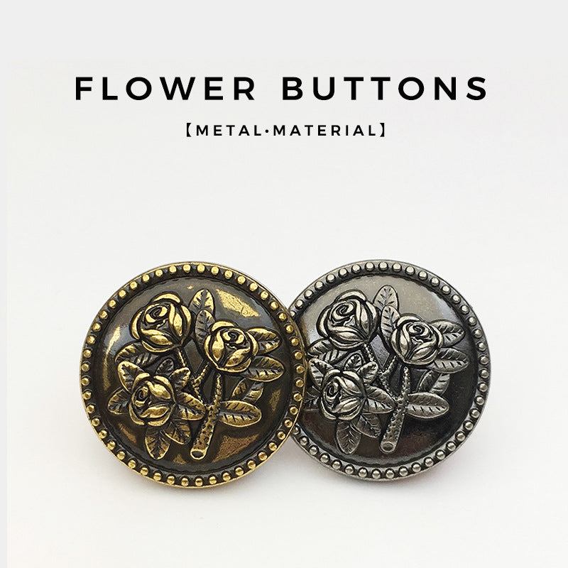 Round metal rose buttons, pair: black bronze and silver-toned finishes, front view