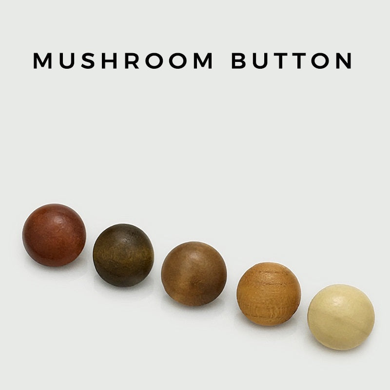 Wooden mushroom buttons set: dark brown, olive and light tan caps with metal shanks