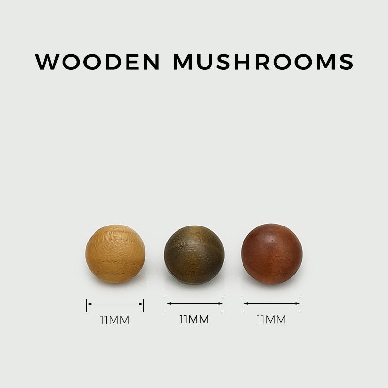 Wooden mushroom buttons size view: mustard, olive and brown caps, 11mm