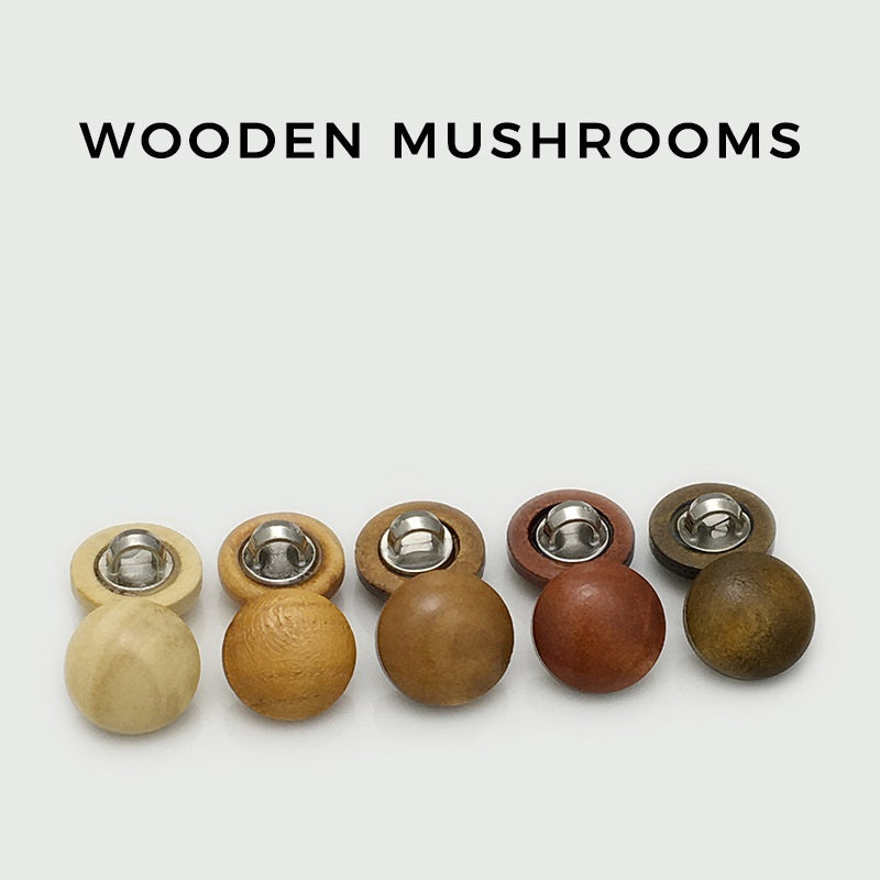 Wooden mushroom buttons with metal shanks, mixed light and brown caps