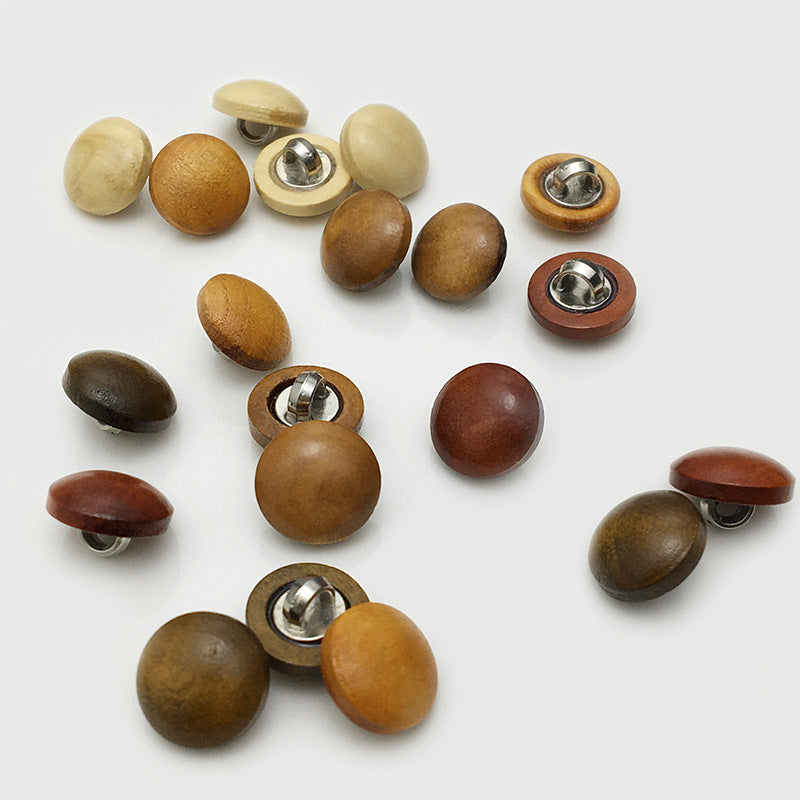 Wooden mushroom buttons with metal shank backs in multiple wood tones