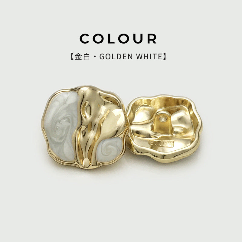 Two-tone irregular metal button, gold frame with white inlay and metal back plate