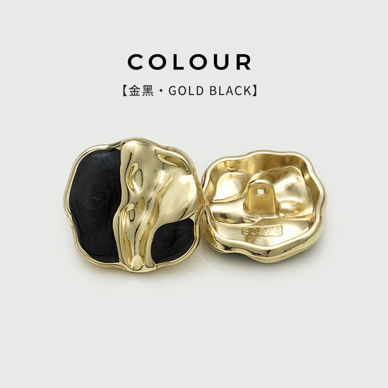 Two-tone irregular metal button, gold frame with black inlay and metal back plate