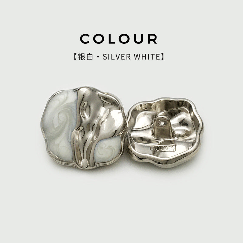 Two-tone irregular metal button, silver frame with white inlay and metal back plate