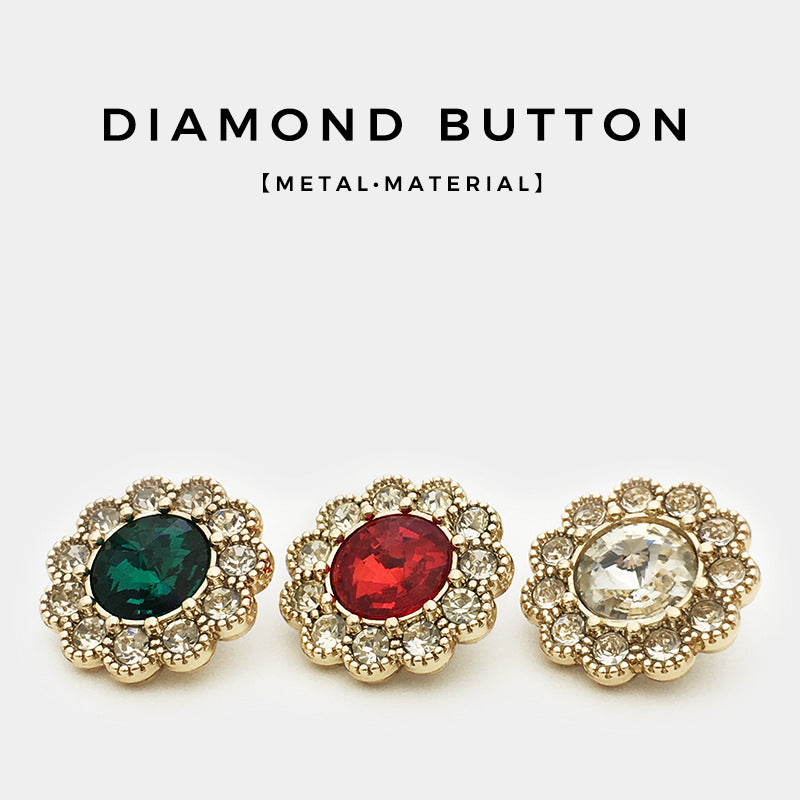 Diamond floral shank buttons set: green, red, and clear round crystal centers