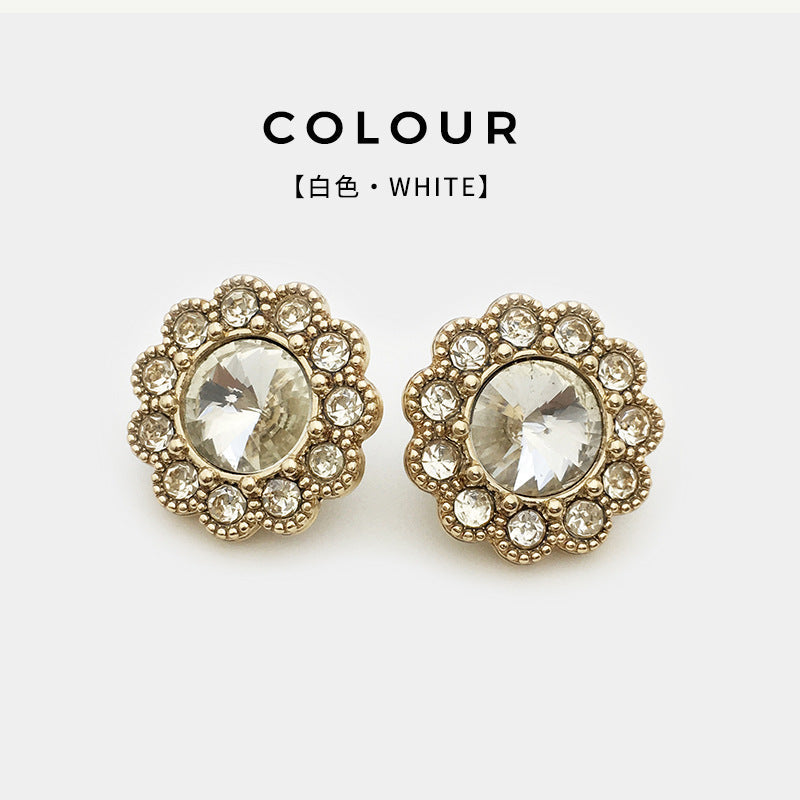 White/clear round crystal diamond floral shank button with gold-tone rhinestones