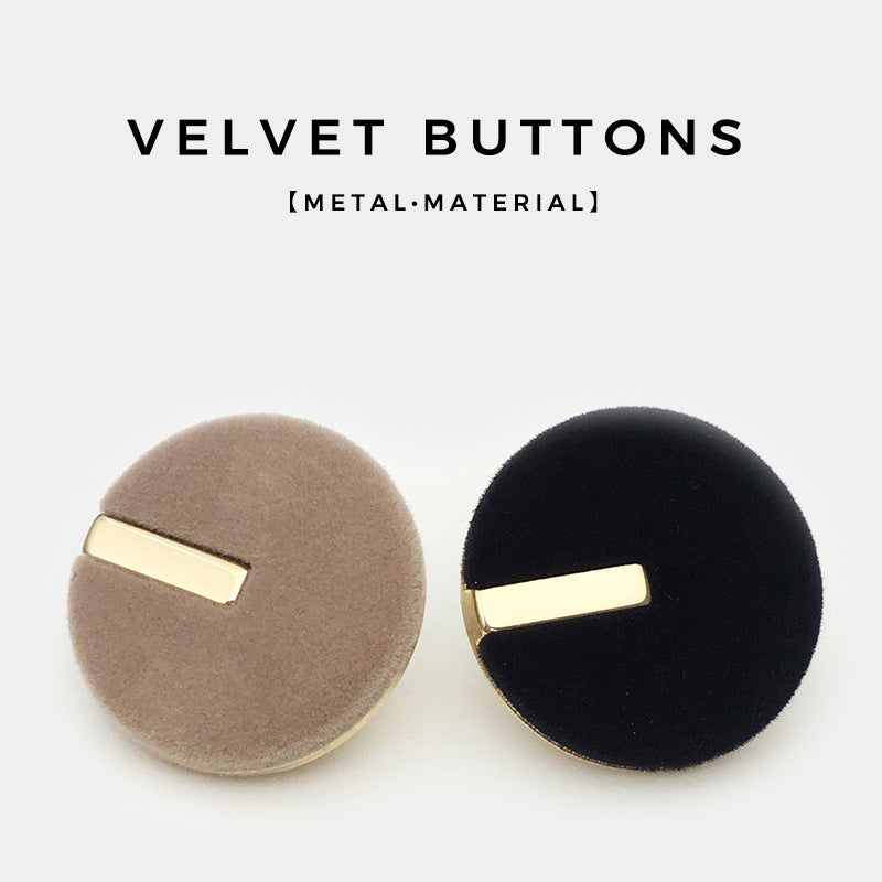 Round velvet buttons pair: coffee brown and black, each with gold metal bar
