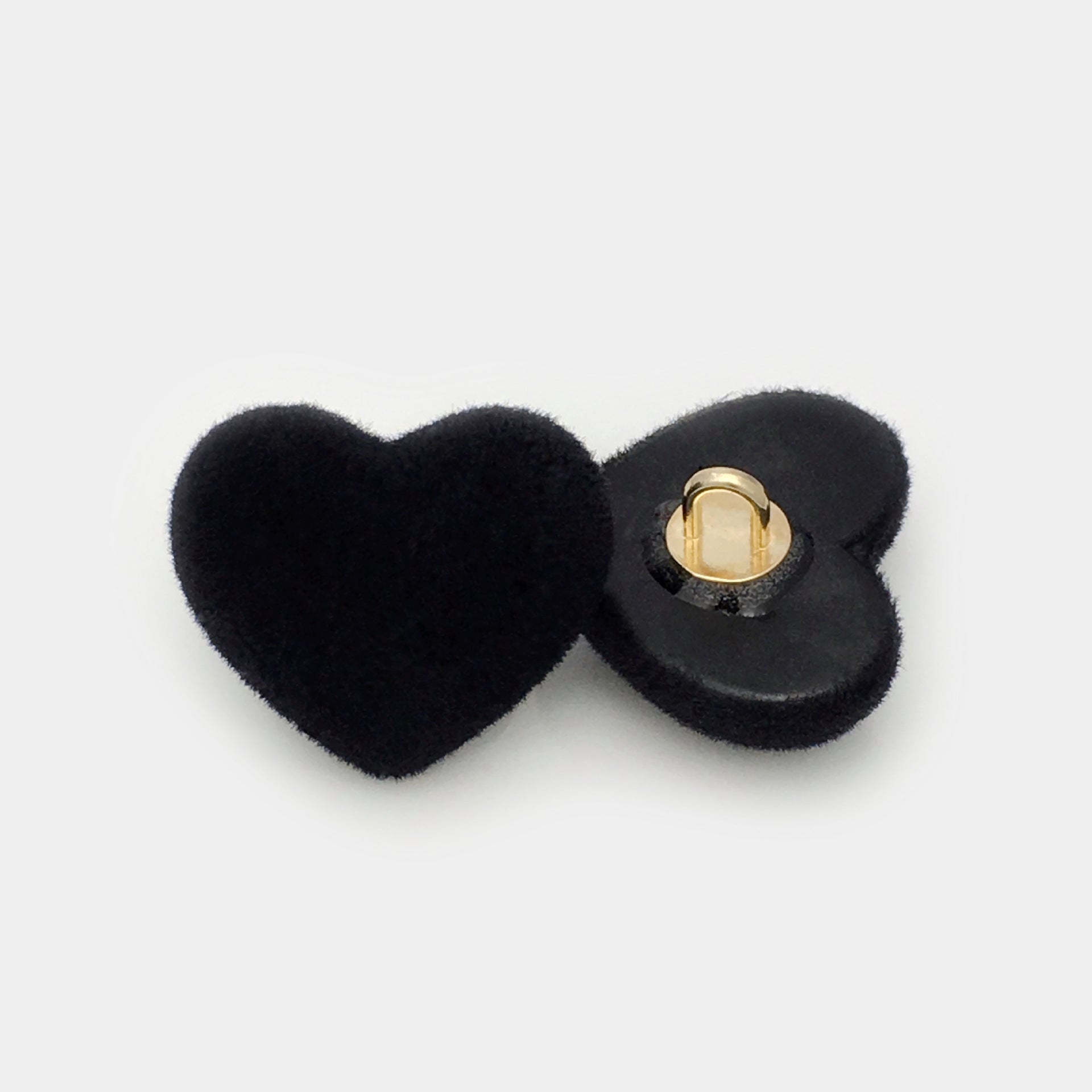 Black heart button, velvet finish with metal shank on back plate