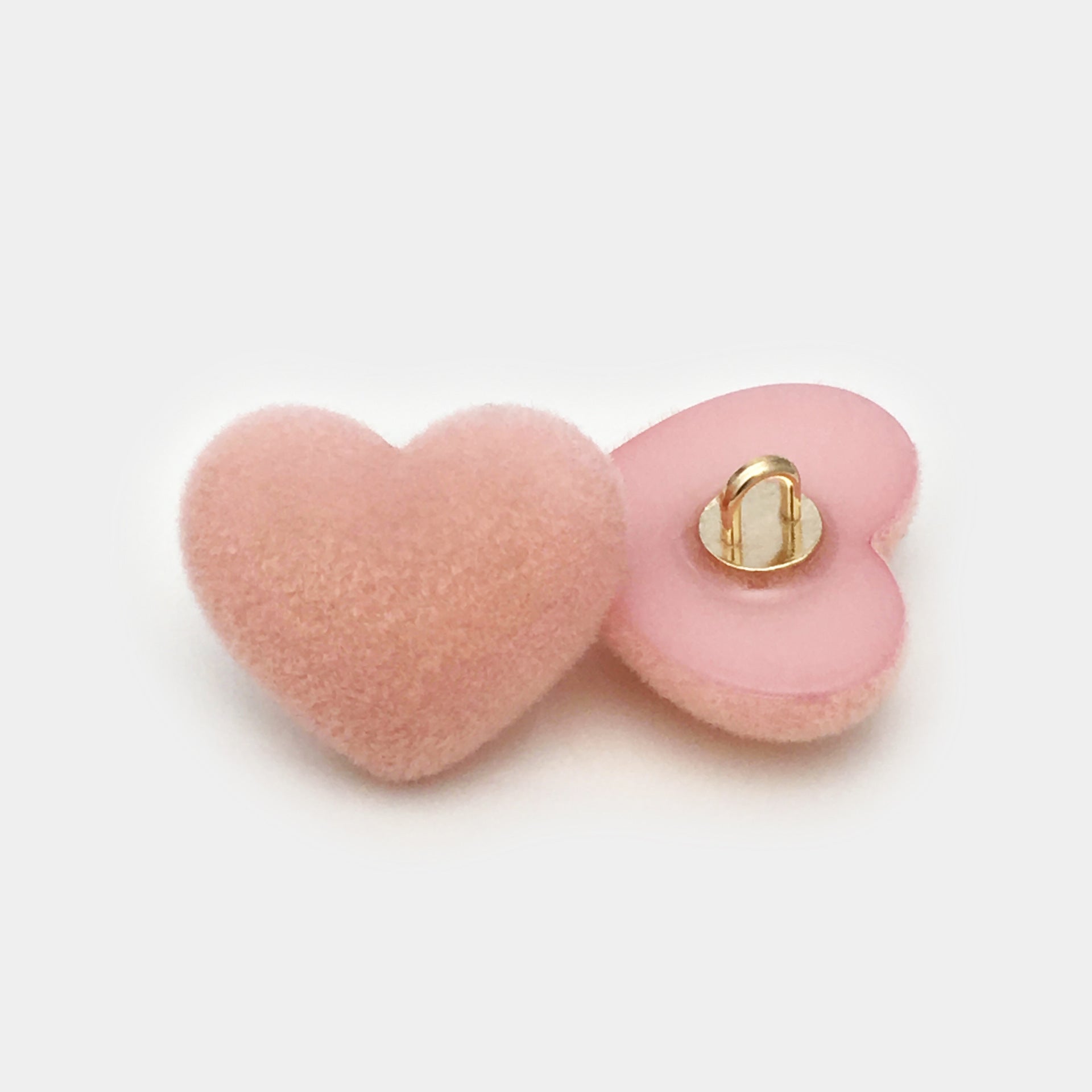 Pink heart button, velvet resin finish with metal shank on back plate
