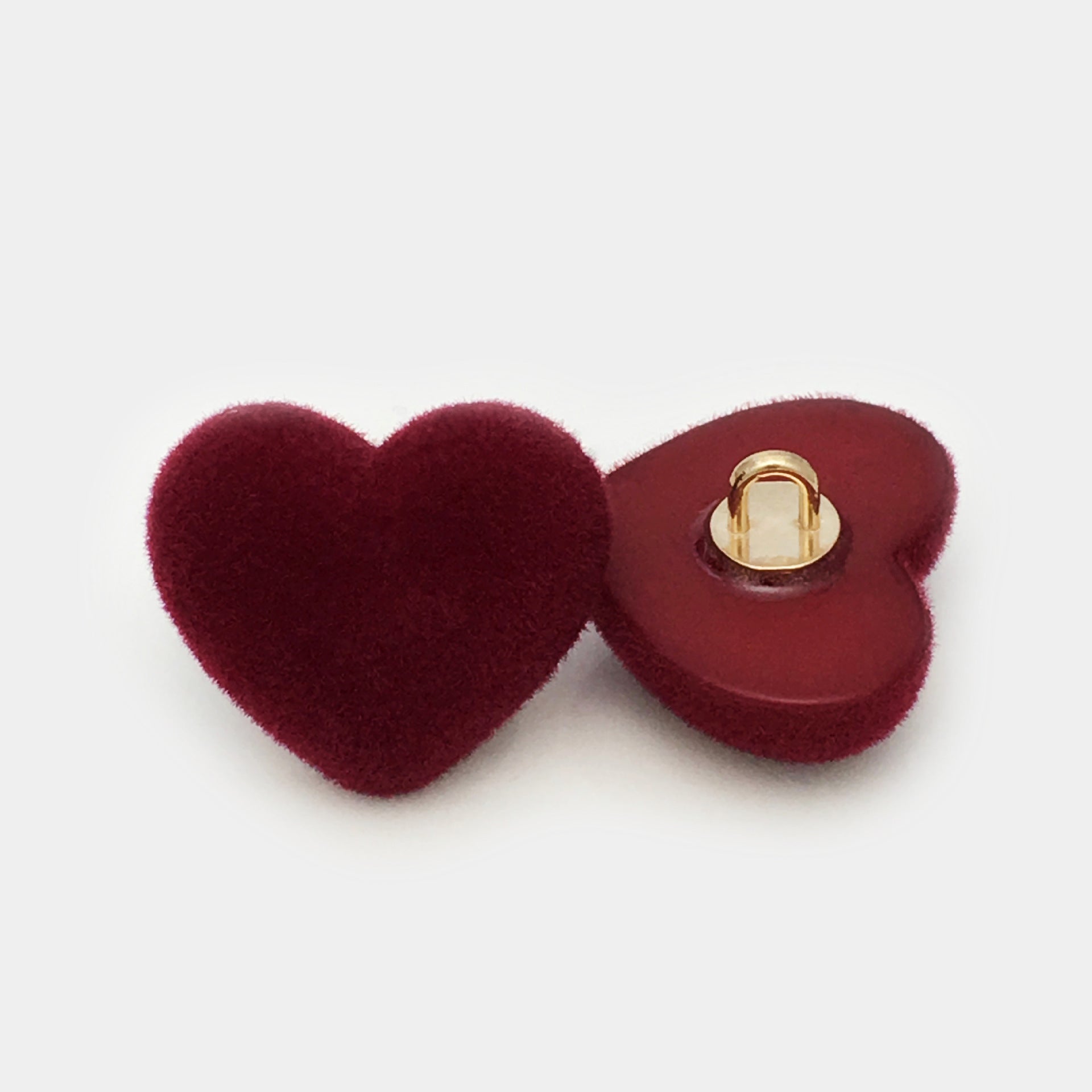 Wine red heart button, velvet resin top with metal shank on back plate