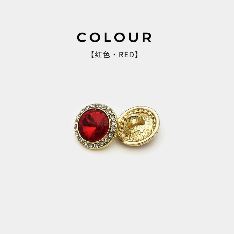 Gold button with large red glass diamond and rhinestone border, shirt accessory
