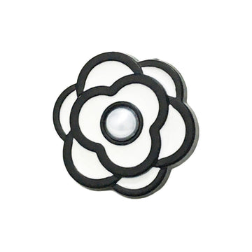 Golden camellia 3D pearl button, black edge, white petals, round metal shank