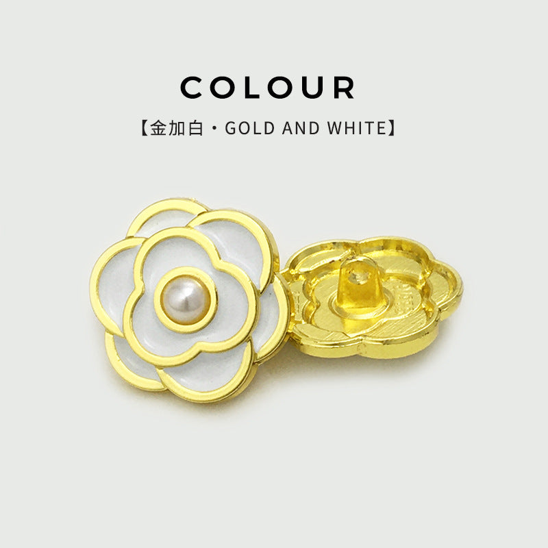 Camellia pearl button, gold outline with white petals and pearl center
