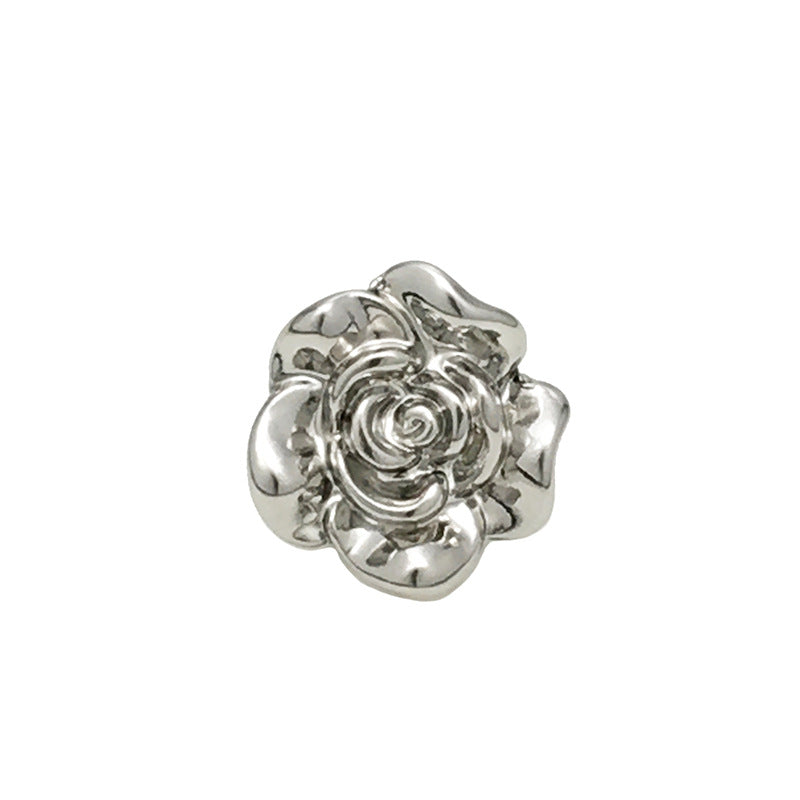 Silver 3D rose flower shank button, detailed metal petals, raised spiral center