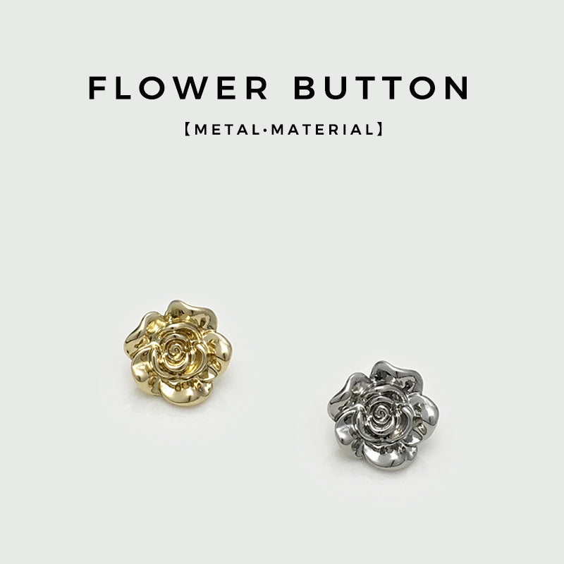 Flower shank buttons set: one gold and one silver, raised 3D rose design