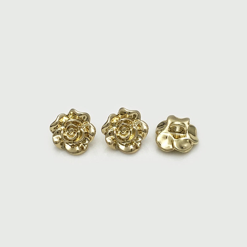 Gold 3D rose flower shank button, front and back views, raised metal petals