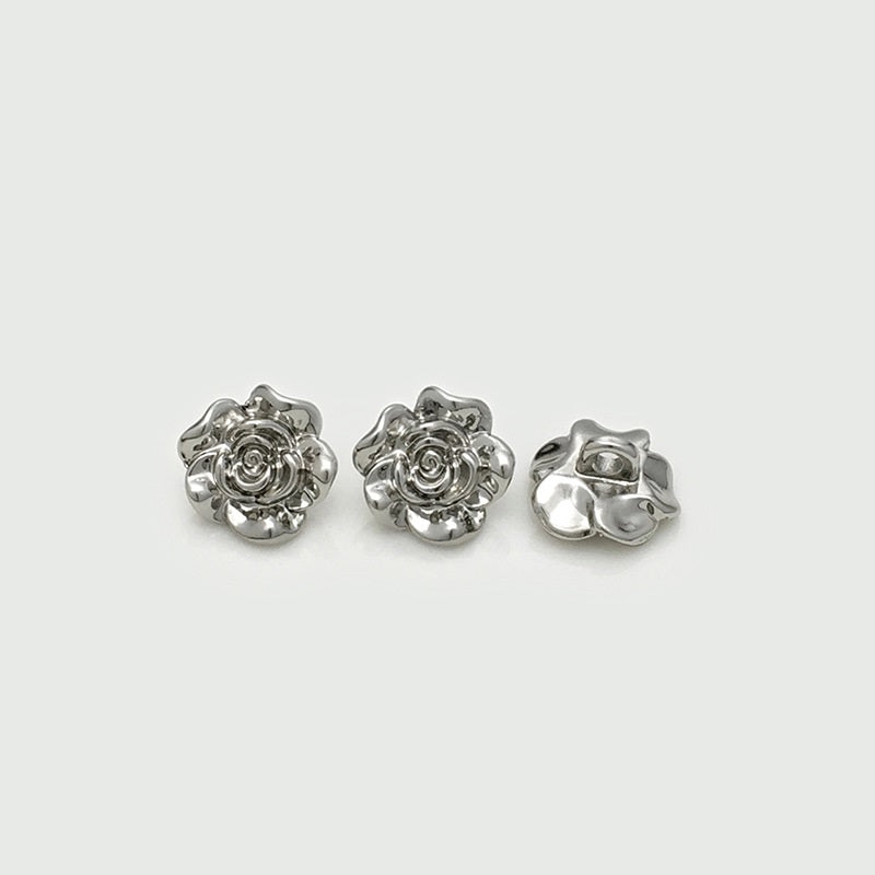 Silver 3D rose flower shank button, front and back views, raised rose details