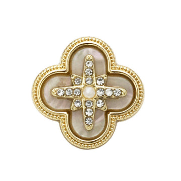 Kleeblatt-Metallknopf, goldfarben, Strasskreuz mit Perle, helles Innenfeld