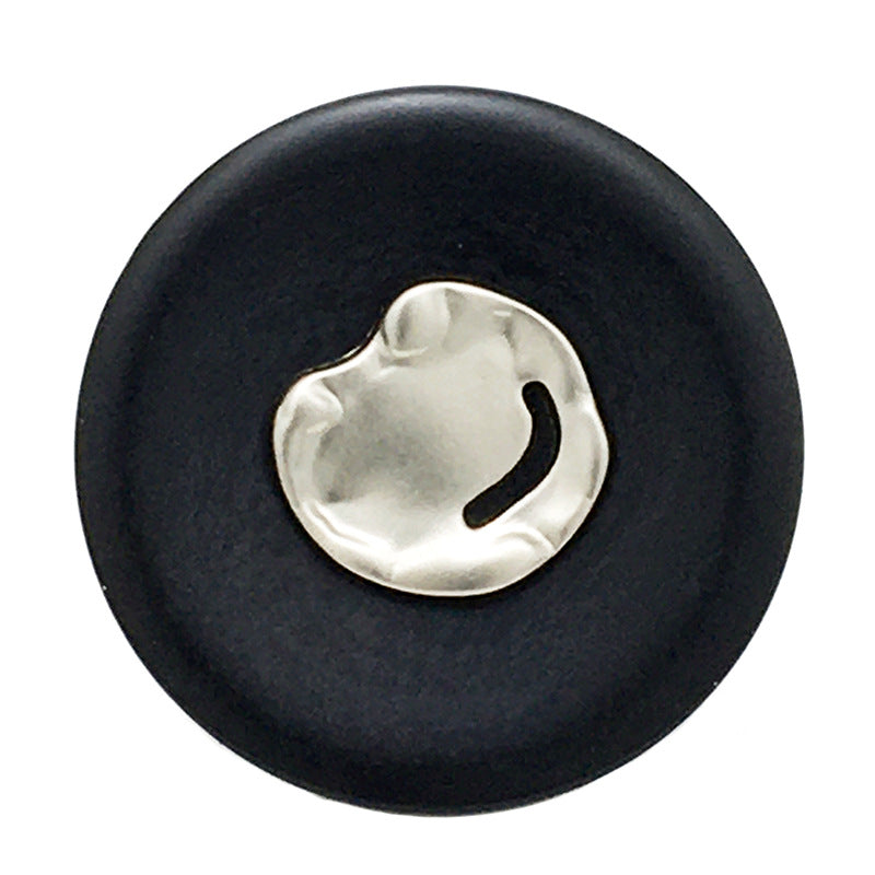 Black round resin button with silver metal insert and loop shank