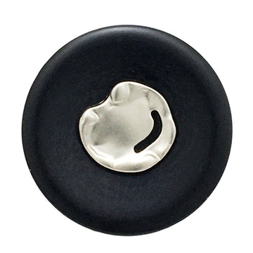 Black round resin button with silver metal insert and loop shank