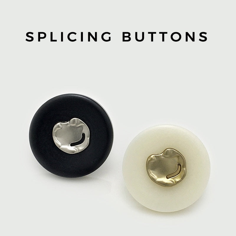 Black and white round resin buttons with silver metal insert and loop shank