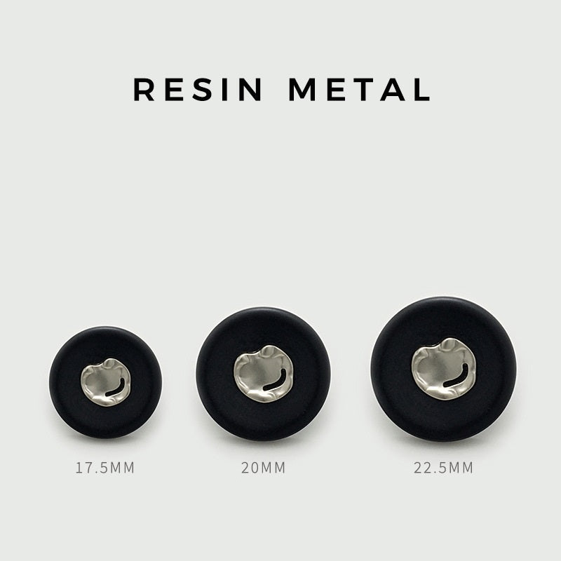 Black round resin buttons with silver metal insert, sizes 17.5, 20, 22.5 mm