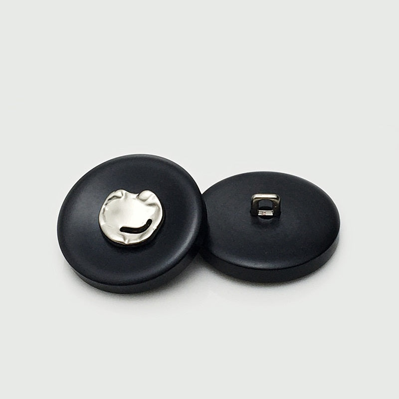 Black round resin buttons: front silver insert and back loop shank