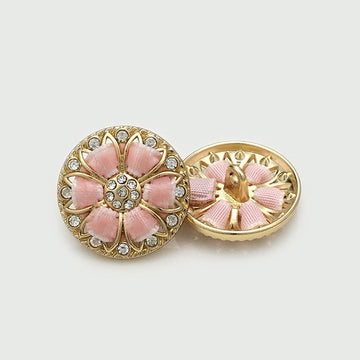 Gold round flower buttons, pink petals, rhinestone border, 12 pcs (17–22.5mm)