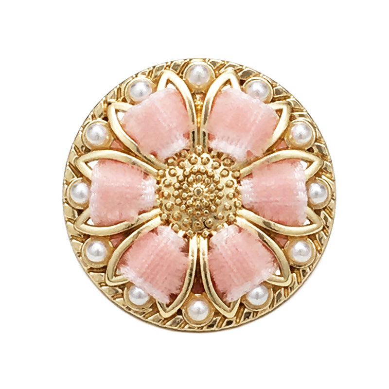 Pink floral pearl round button, gold metal with pink petals and white pearl accents