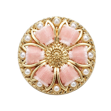 Pink floral pearl round button, gold metal with pink petals and white pearl accents