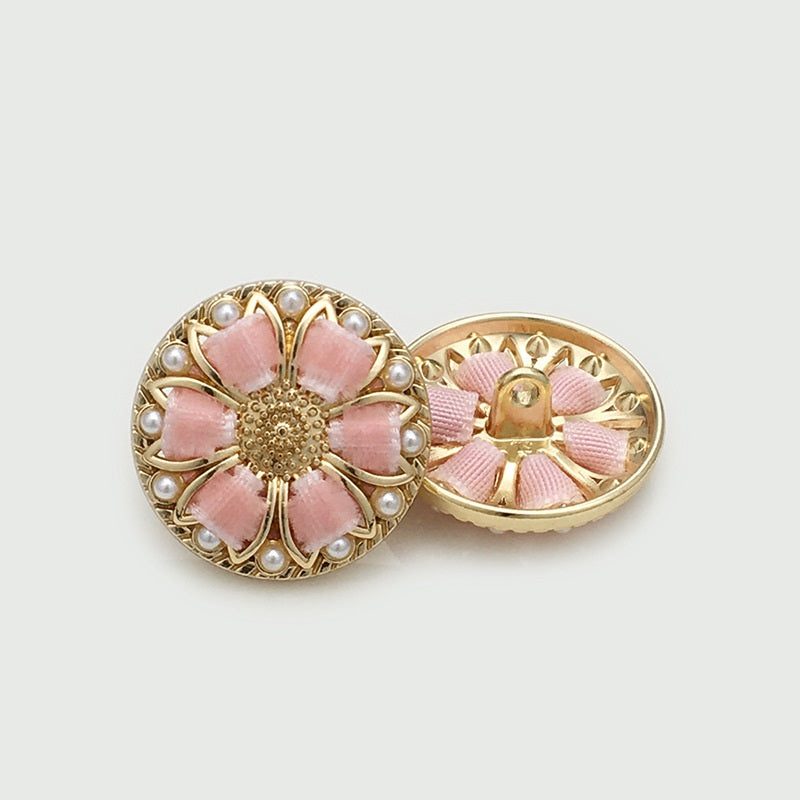 Round pink floral pearl button with gold rim; matching back piece visible on right