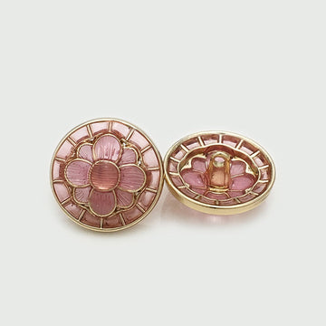 Pink floral gold metal buttons with shank, round; front and back view