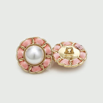 Pink round lace buttons with gold metal shank and large pearl inlay, 10pcs set