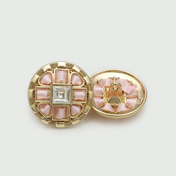 Round pink checkered metal shank button set with large clear crystal, gold-tone settings (12 pcs)