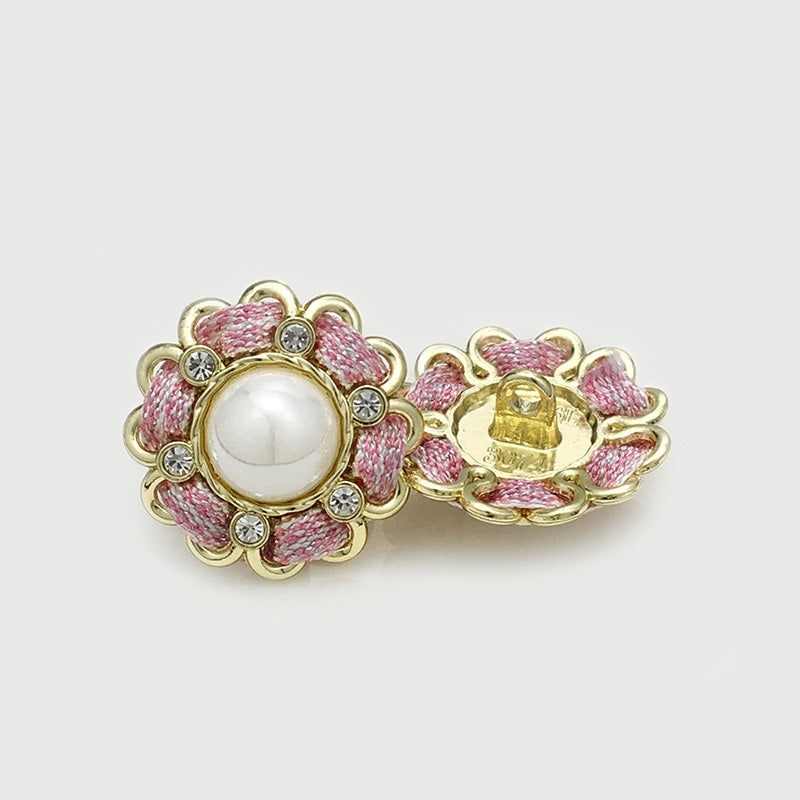 Pink pearl-effect metal button with rhinestones and pink rope trim, gold