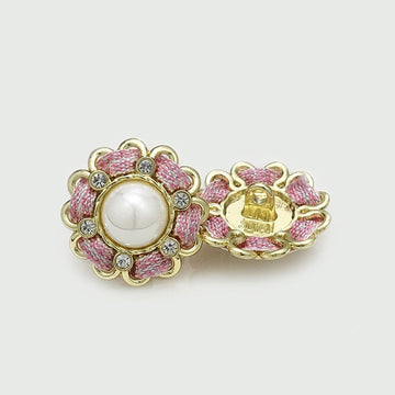 Pink pearl-effect metal button with rhinestones and pink rope trim, gold