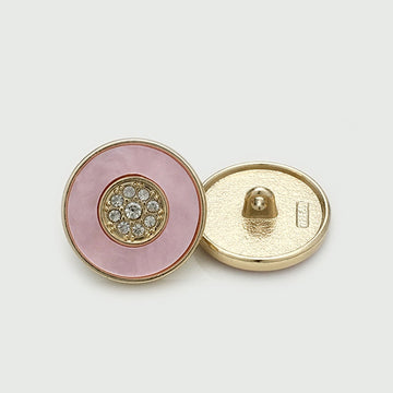 Round pink-and-gold metal shank button with circular rhinestone center (set of 10)