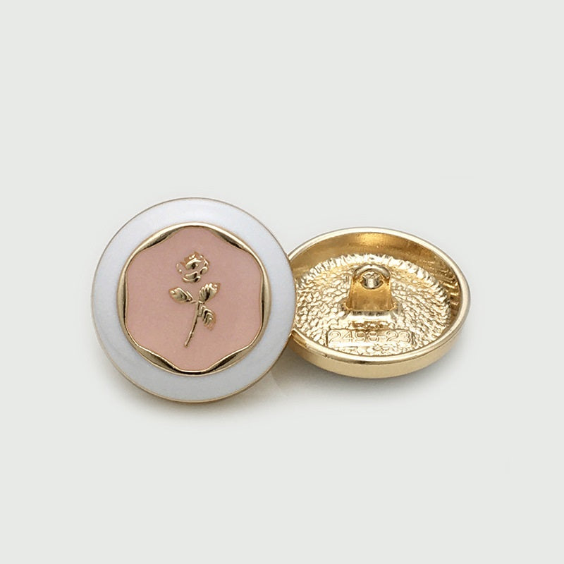 Pink round metal shank buttons with rose floral design, gold rim, 12 pcs